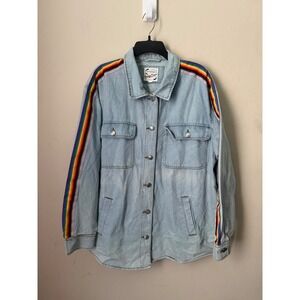 STOOSH Vintage Denim Jacket Rainbow Stripe Accent XL Button Up Trucker Style